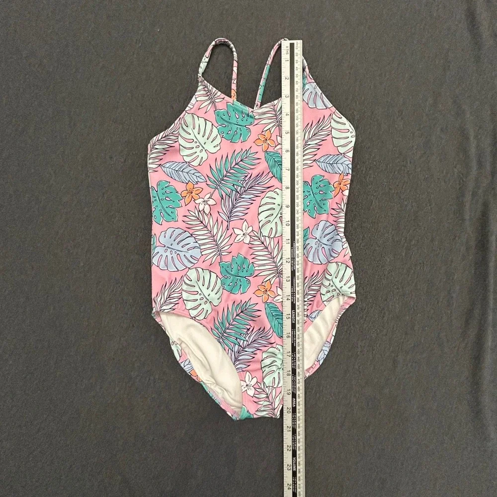 Quince Girls Size 7 One Piece Swimsuit Pink Tropical Leaf Floral Print